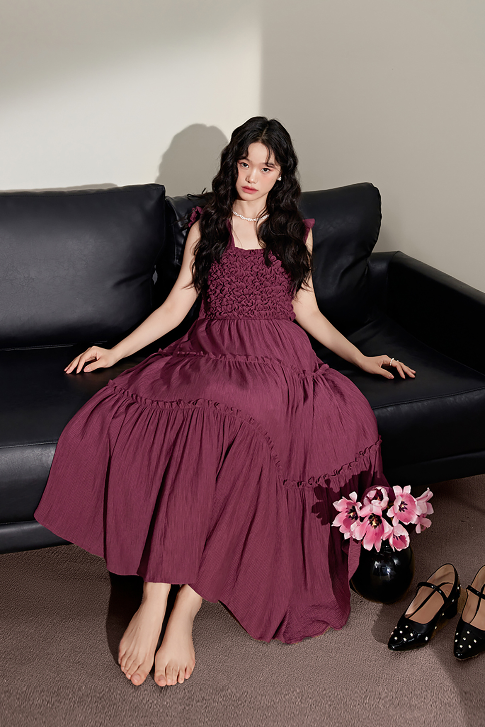 Wine red suspender dress