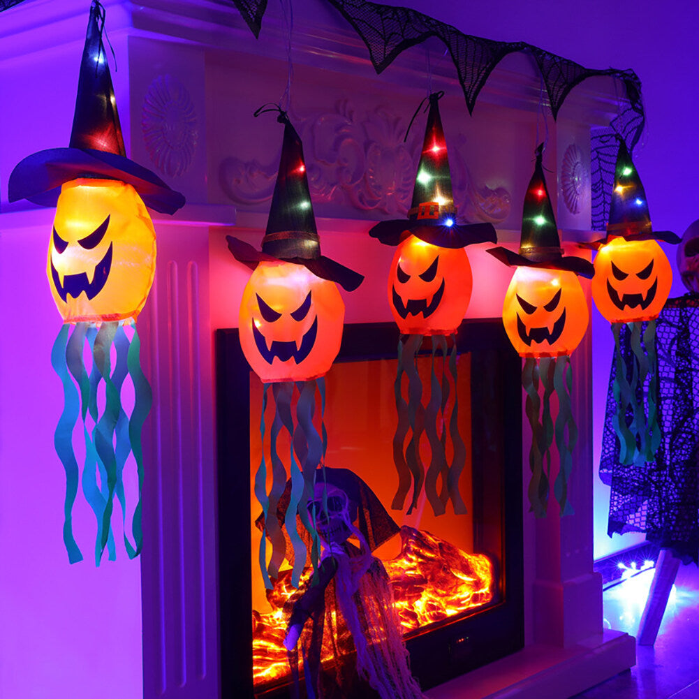 5 Pcs Halloween Hanging Lighted Glowing Witch Hat