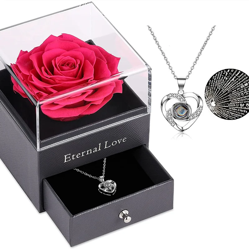 Eternal Preserved Real Rose with Copper Necklace Set - 'I Love You in 100 Languages‘