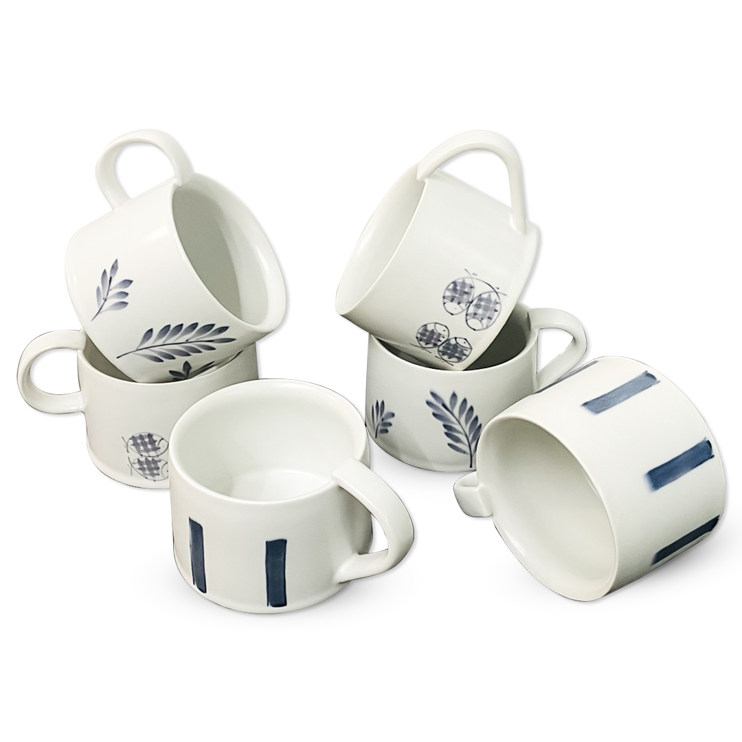 Ceramic Tea Coffee Cup Bamboo Saucer Marble Espresso Set of 6, Family pack