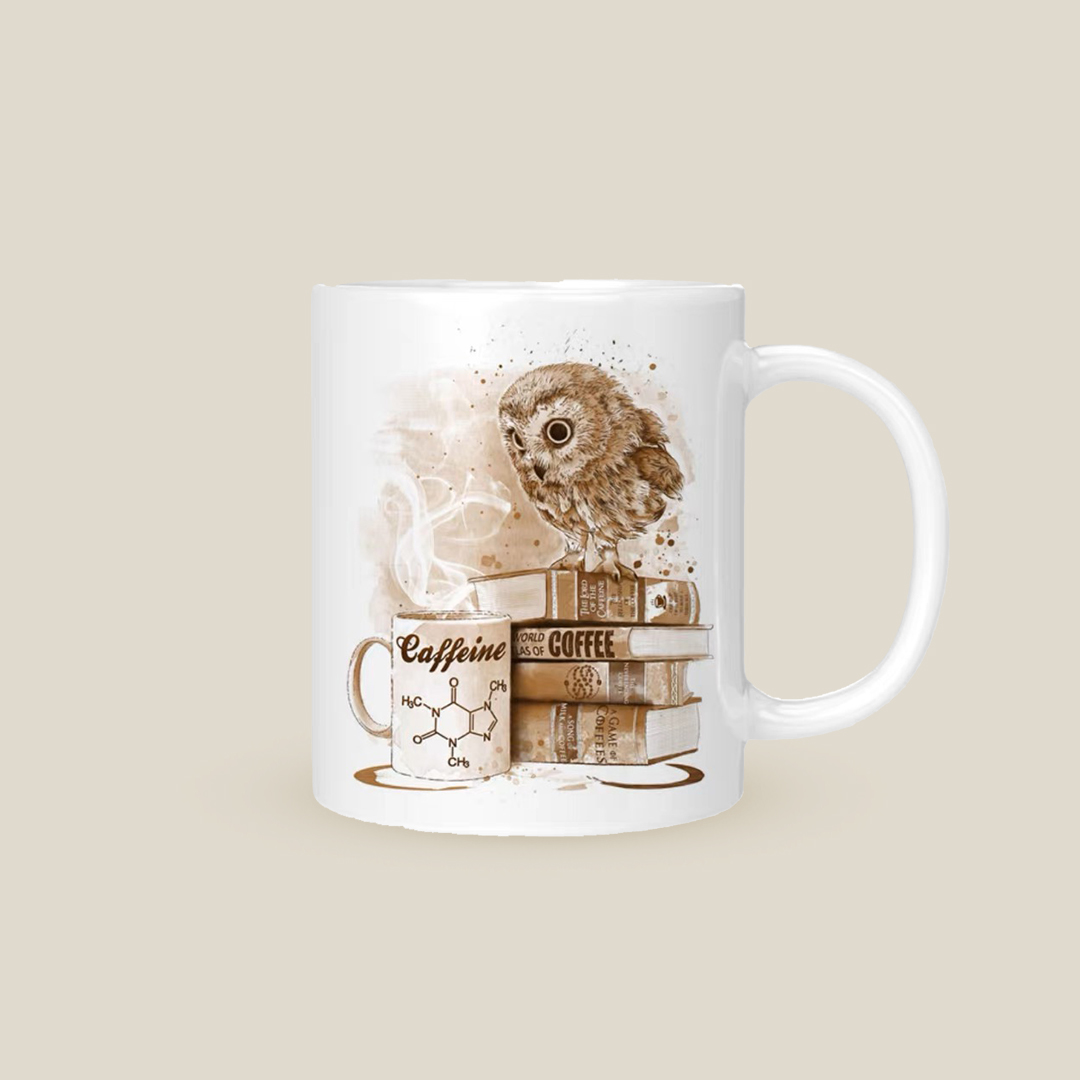 Hand painted owl coffee color illustration white ceramic mug Ins