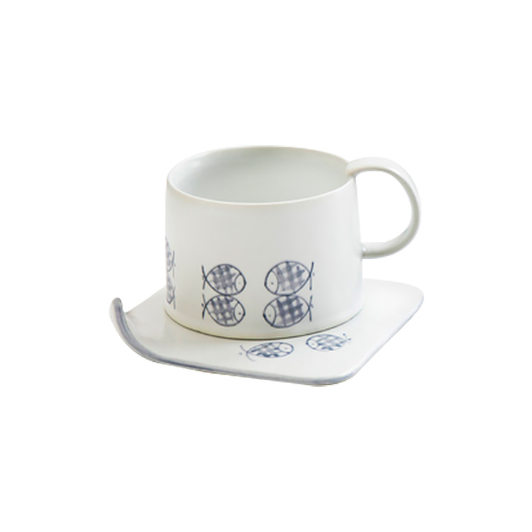 Striped coarse porcelain mug and saucer set/Japanese/Nordic/Simplistic/Home styles/Coffee mug/Mug/Leaf pattern/hand-painted pattern/semi-handmade/pottery/Drinks/Tea/Milk/Salad/Coffee/Cereal