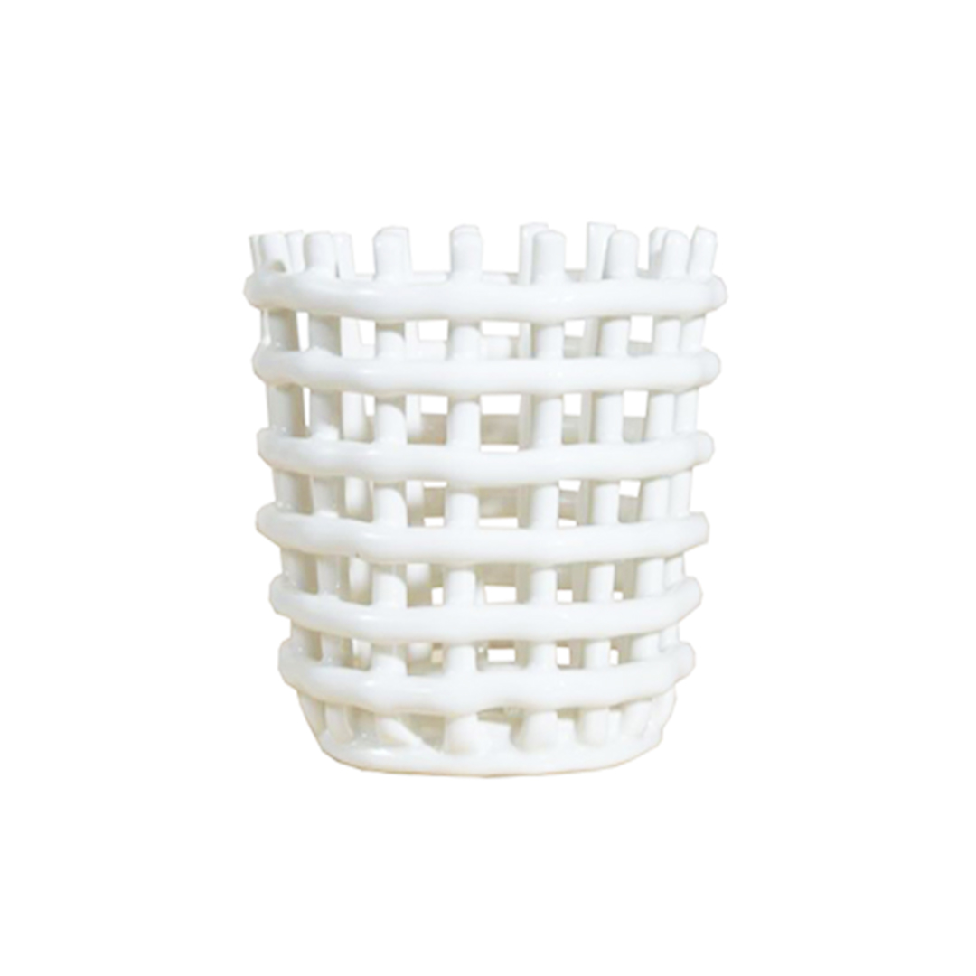 Hand made white ceramic woven basket