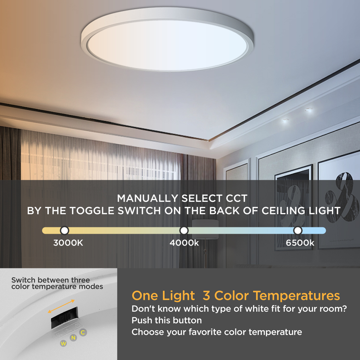 Dimmable Flush Mount LED Ceiling Light Fixture, 12 inch 20W,3000/3500/4000/5000/6500K Selectable Ceiling Light, 5 Colors in 1, Low Profile Light