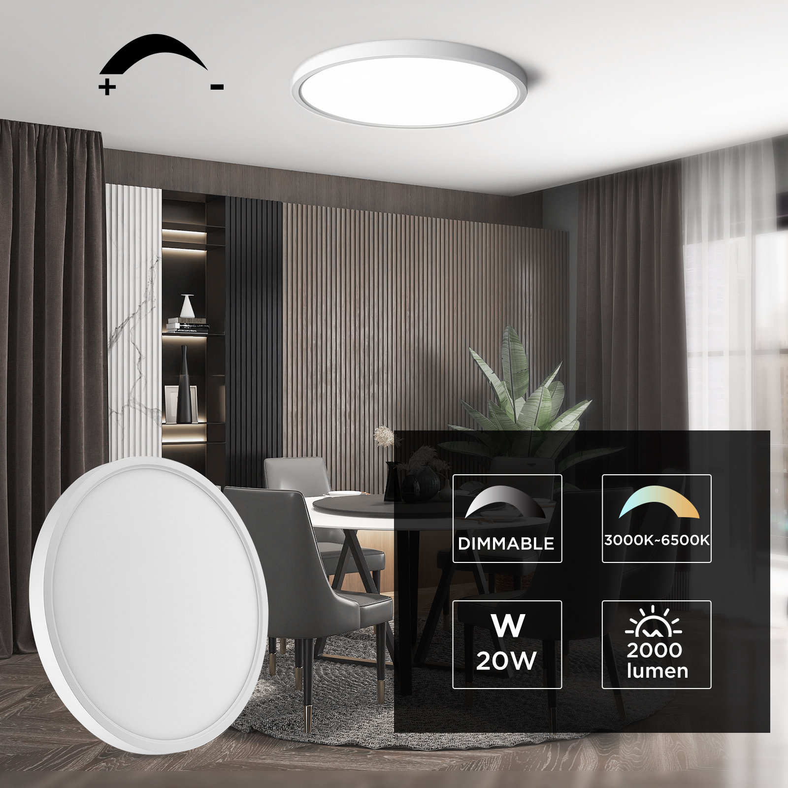 Dimmable Flush Mount LED Ceiling Light Fixture, 12 inch 20W,3000/3500/4000/5000/6500K Selectable Ceiling Light, 5 Colors in 1, Low Profile Light
