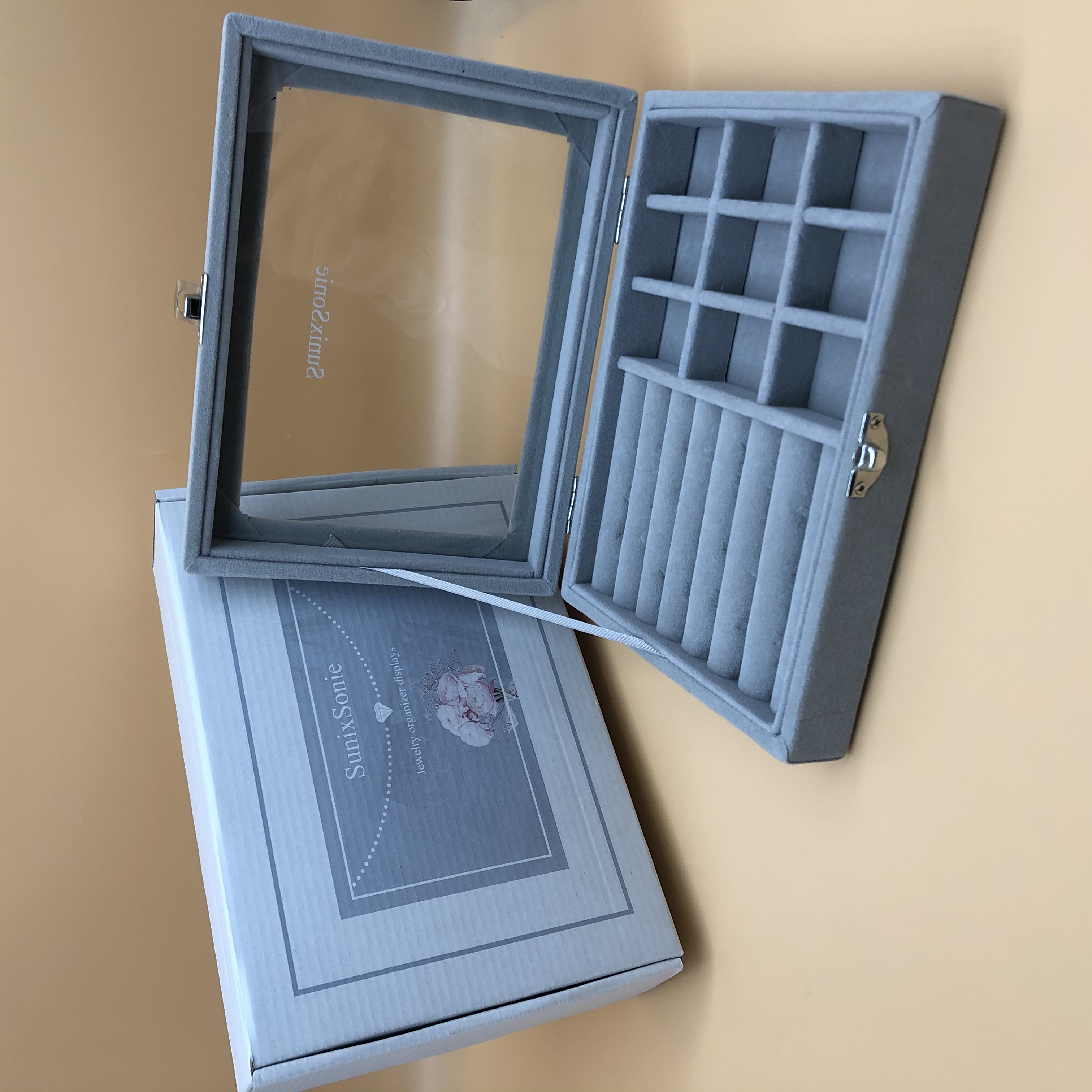 SumicSome Jewelry Boxes,Plant Flannel Glass Ring Earrings Jewelry Box Earrings Case with Lock（Gray）