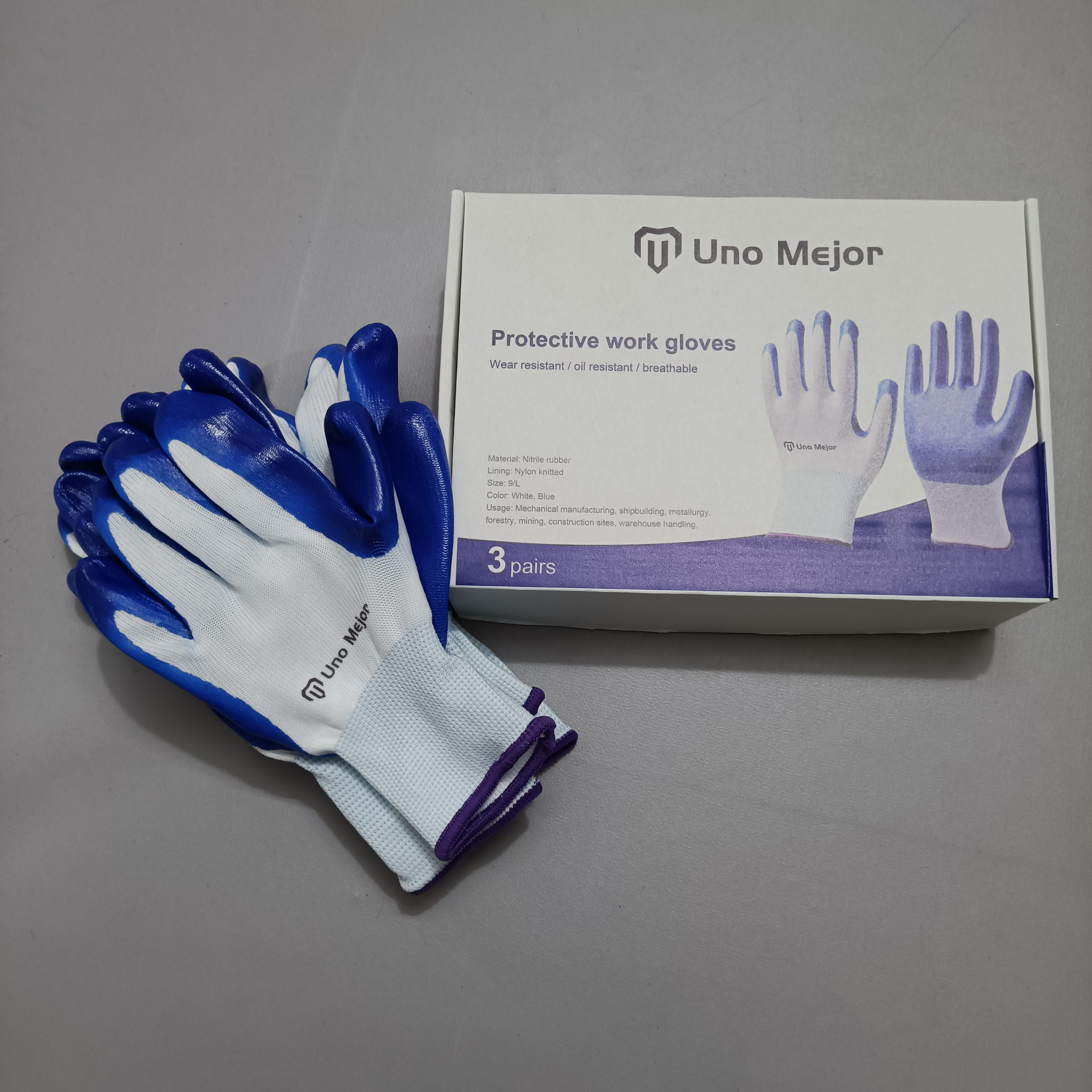 Uno Mejor Protective work gloves, premium non-slip blue rubber coated work safety gloves