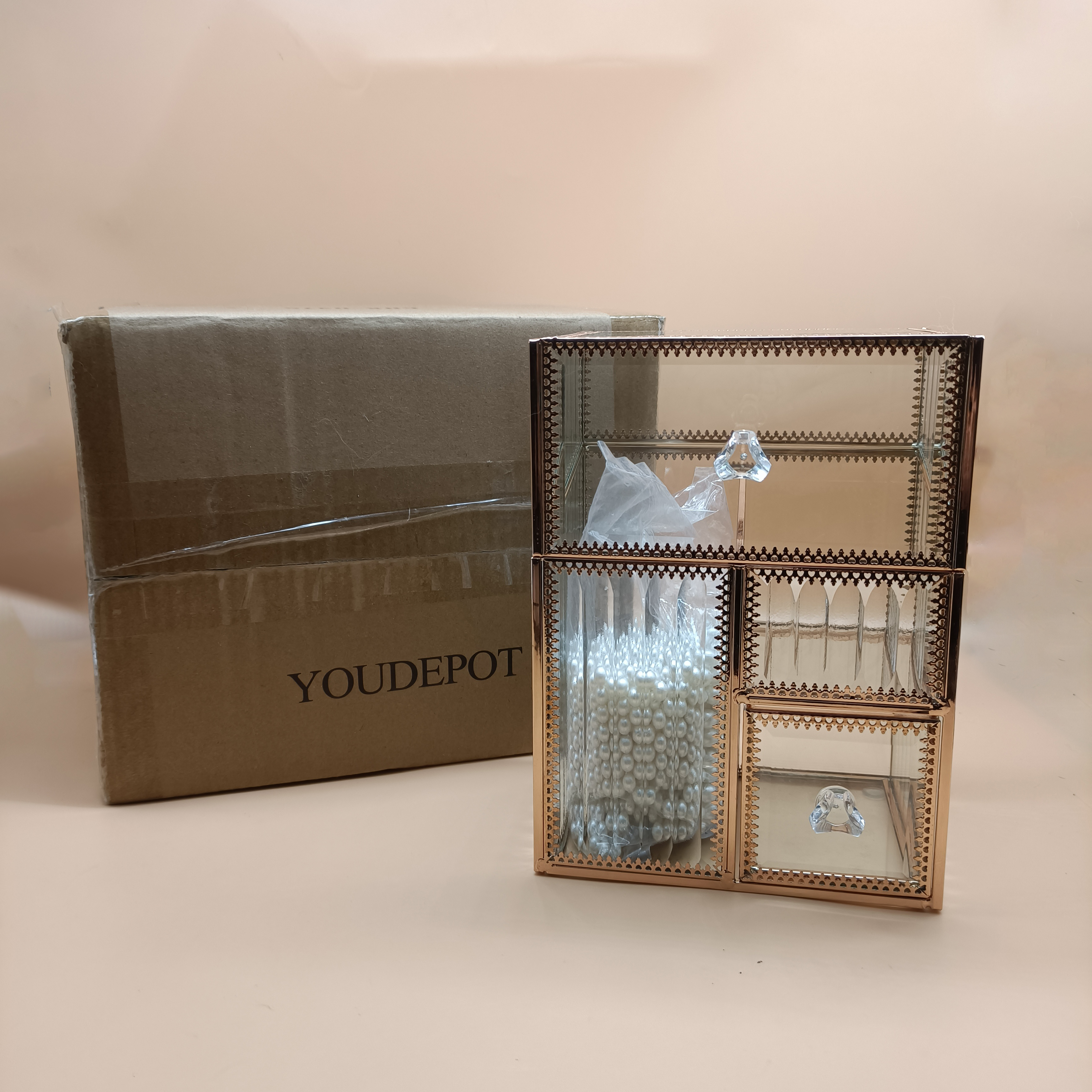 YOUDEPOT Drawer organizers,Makeup Brush Holder with Lid and Drawer, Lipstick Organizer w/Partition Racks, For Storing Various Makeup Brushes, Eyebrow Pencils, Lipsticks, Powder Puffs