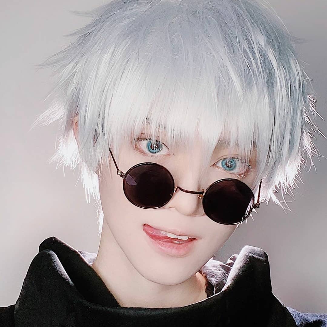 Gojo Satoru Same Style-Black Round Glasses/Black eye mask Colored contact lenses 