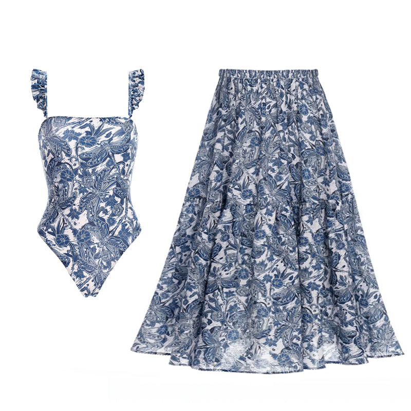 Flaxmaker Blue Dragonfly Printed Swimsuit and Skirt - Trustsgo