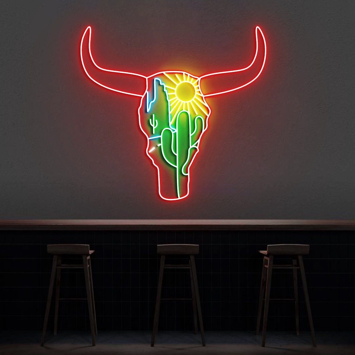 Western Cattle Skull Neon Sign Long Horn Skull Sign Desert Bar Sign 