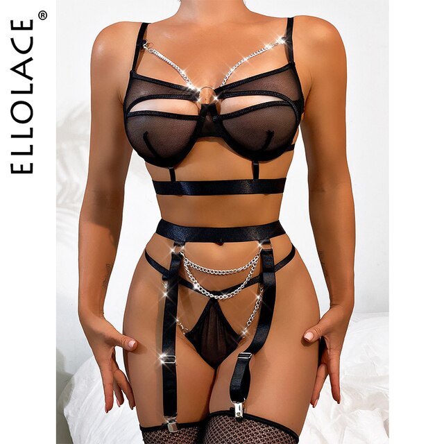 Underwear Sexy Cutout Bra with Chain See Through Luxury Lingerie Thong 3 Piece Set Sexy Suit Exotic Suit-Sevenleader