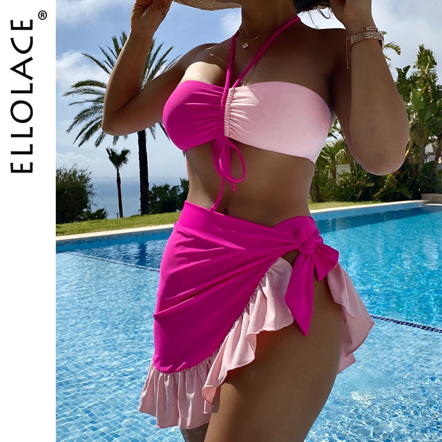 Contrast Color Bikini Women Swimsuit With Cover-Ups Halter Bandeau Strapless Swimwear Summer 3-Piece Bathing Sui-Sevenleader