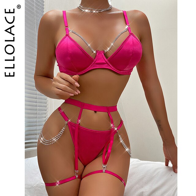 Silk Lingerie Luxury Rhinestone Underwear 4-Pieces Push Upp Exotic Sets Garters Pink Underwire Bra And Panty Set-Sevenleader