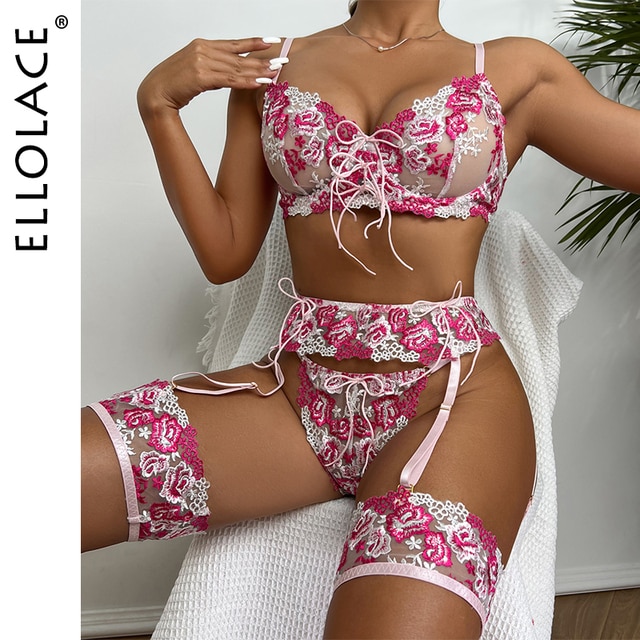 Fancy Lace Lingerie Women Lingerie Bandage Sexy Sensual Set of 4 Thong Garter Sexy Bra and Panty Set-Sevenleader