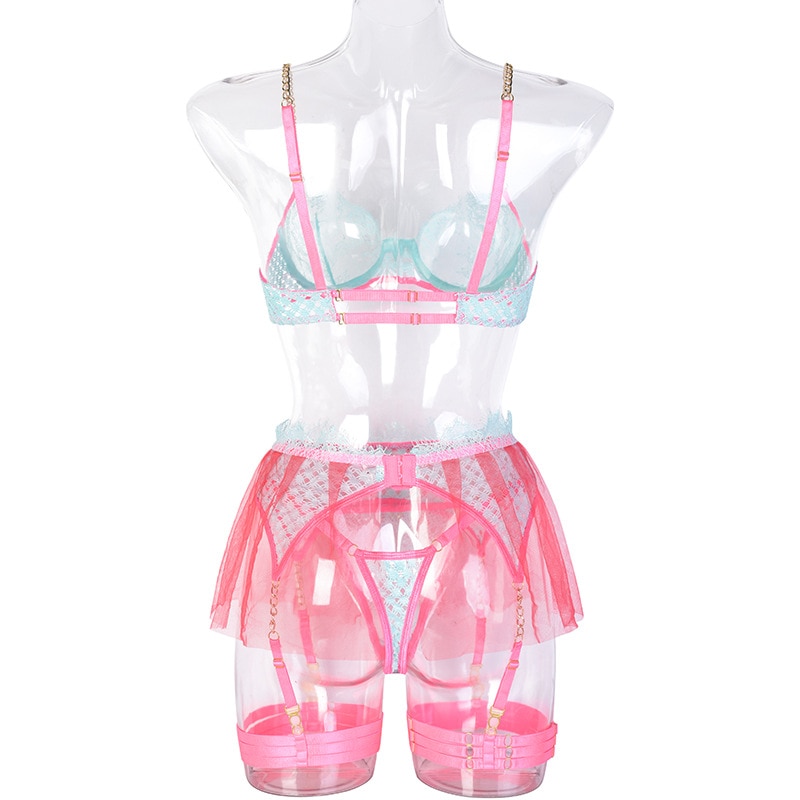 Women's Lingerie Ruffle Garter Belt 4 Pieces Set Sheer Bra Panties Sexy Panel Lingerie Exquisite Exotic Set-Sevenleader