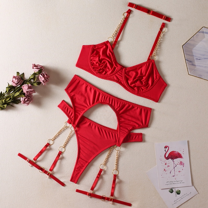Lingerie Seamless Female Underwear With Chain Strap Red Hot Sexy Intimate Luxury Garter Suit Solid Fine Linen Sets-Sevenleader