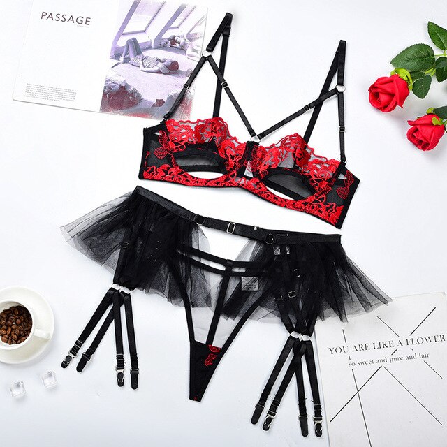 Ruffle Lingerie Open Bra Floral Embroidery Lace Garter 3 Piece Set Valentine's Fancy Luxury Erotic Lingerie-Sevenleader
