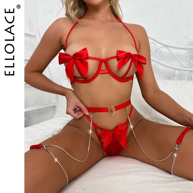Sexy Lingerie Women's Cutout Bow Exotic Backless Sheer Bra Erotica 3 Piece Red Erotic Set-Sevenleader