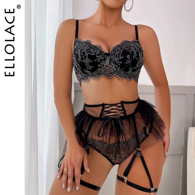 Sexy Lingerie Luxury Lace Fancy Underwear Ruffle Garters Bra And Panty Set 5-Piece Erotic Delicate Naughty Outfit-Sevenleader