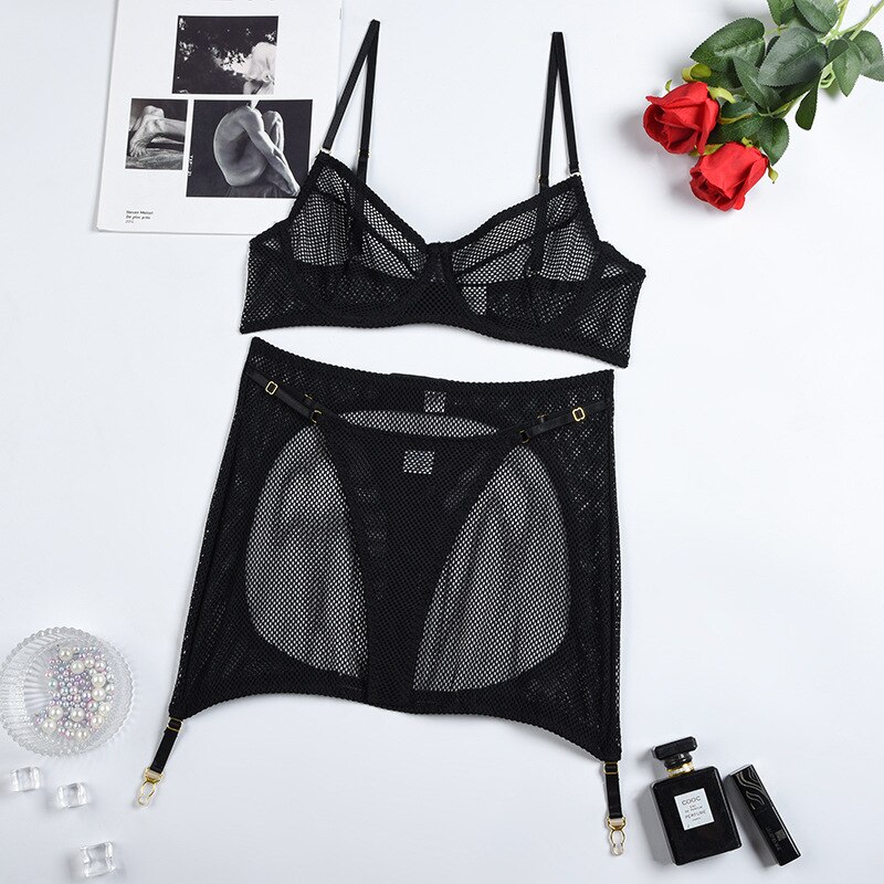 Sexy Lingerie Mesh Sheer Bra 3-Piece Set Solid Color Lace Lingerie Hollow Out Garter See Through Seamless Exotic Set-Sevenleader
