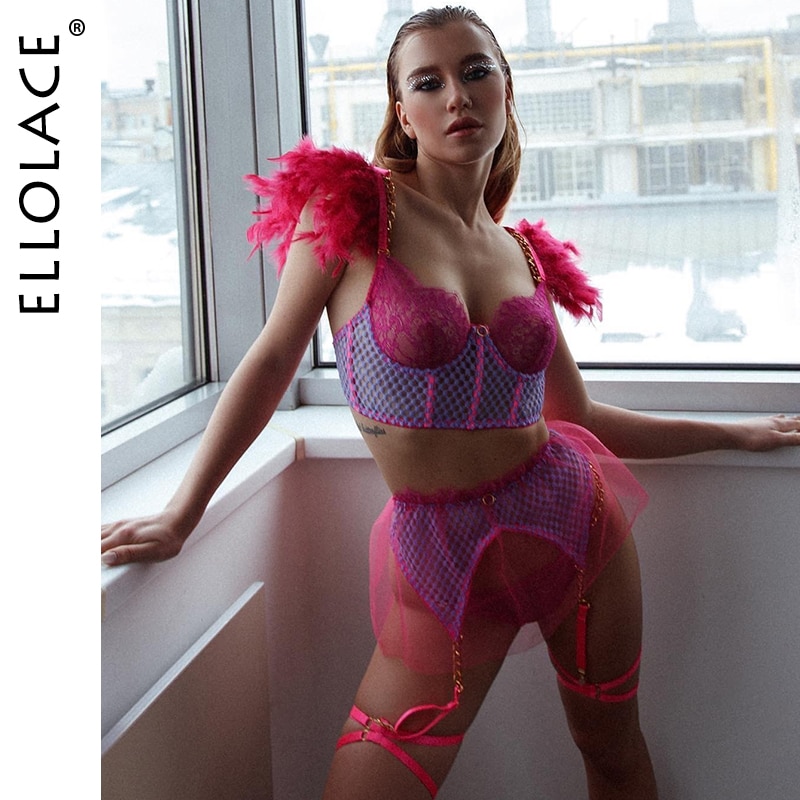 Feather Bright Lingerie Transparent Bra Fancy Porn Underwear  Luxury Lace Ruffle Garters 4-Piece Erotic Sets-Sevenleader