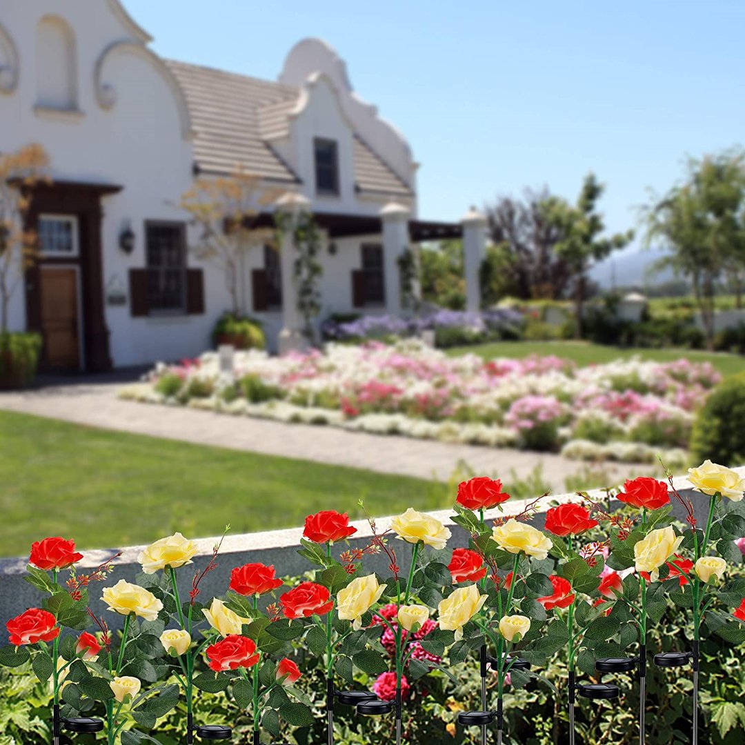 2 Pack Solar Garden Stake Lights, Outdoor Solar Rose Flower Lights with 6 Rose Flowers, (Red & Yellow)、、sdecorshop