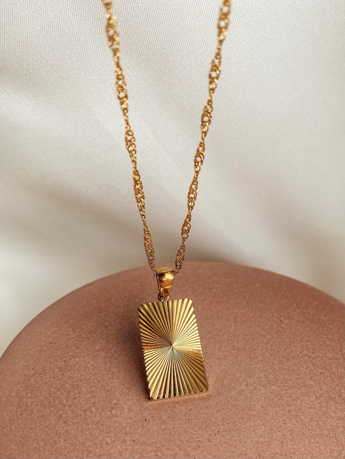 18K Gold Plated Stainless Steel Sunburst Rectangle Pendant Necklace