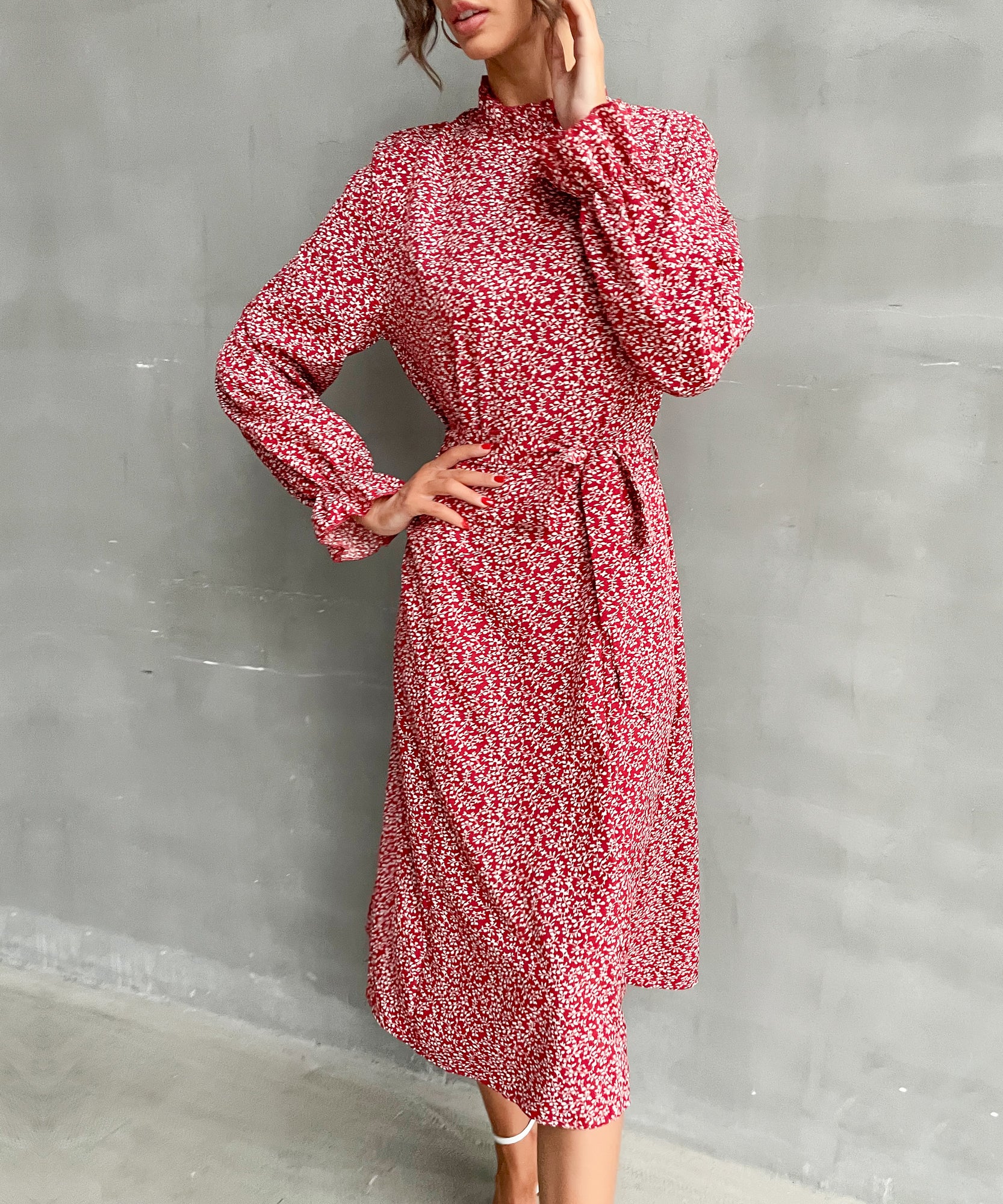 Allover Plants Ruffle Neck A-Line Midi Dress