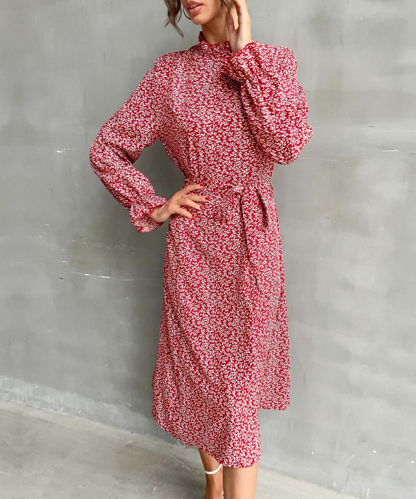 Allover Plants Ruffle Neck A-Line Midi Dress