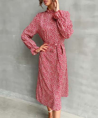 Allover Plants Ruffle Neck A-Line Midi Dress