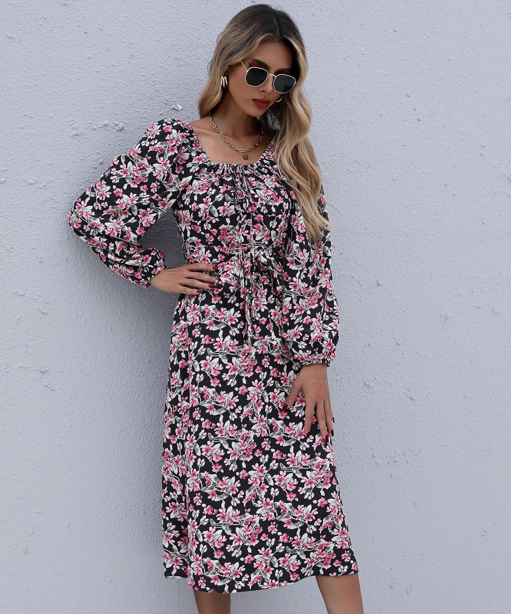 Floral Print Boho Ruffles Pleated Midi Dresses