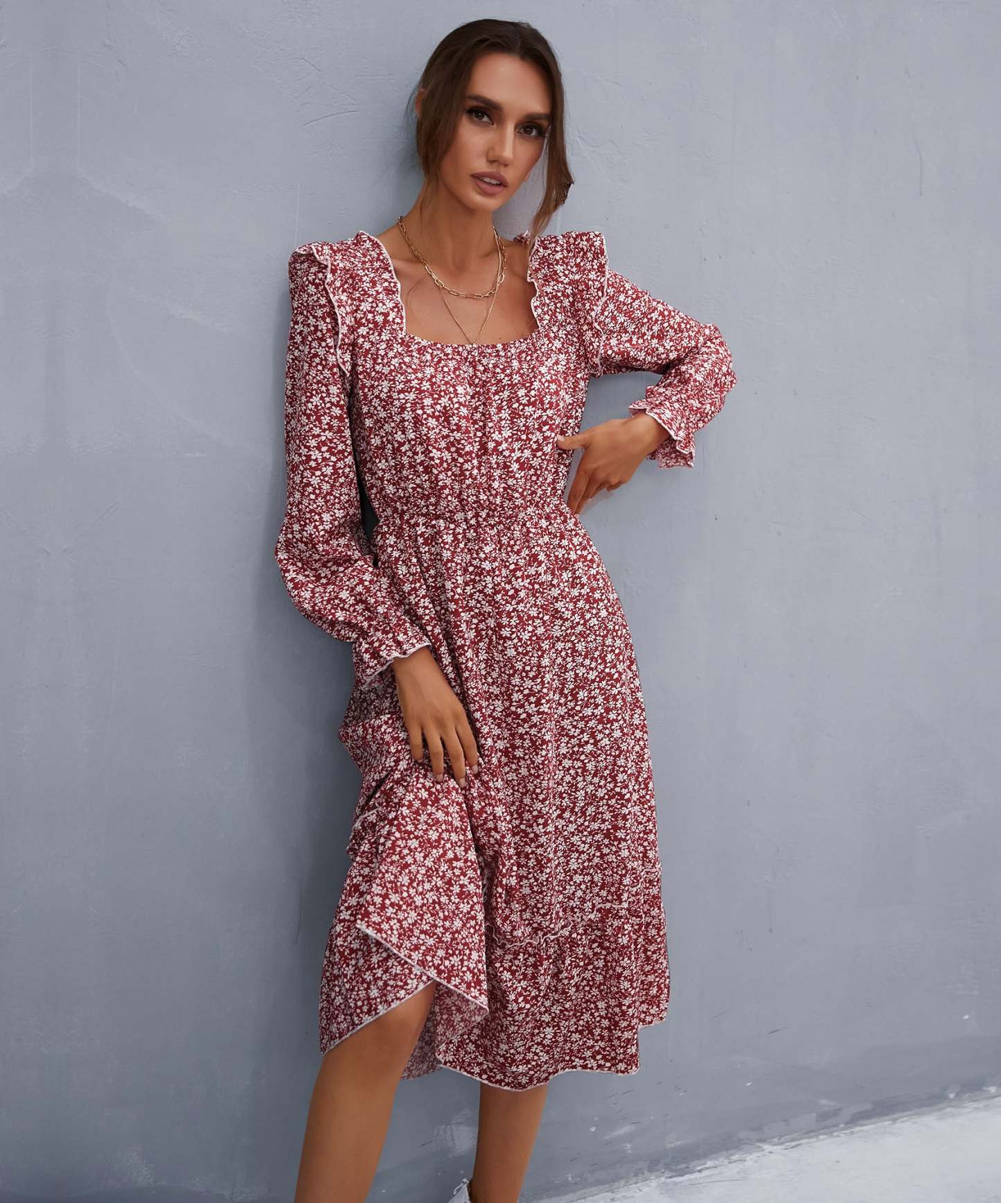Ruffle Shoulder Smocked Midi Dress