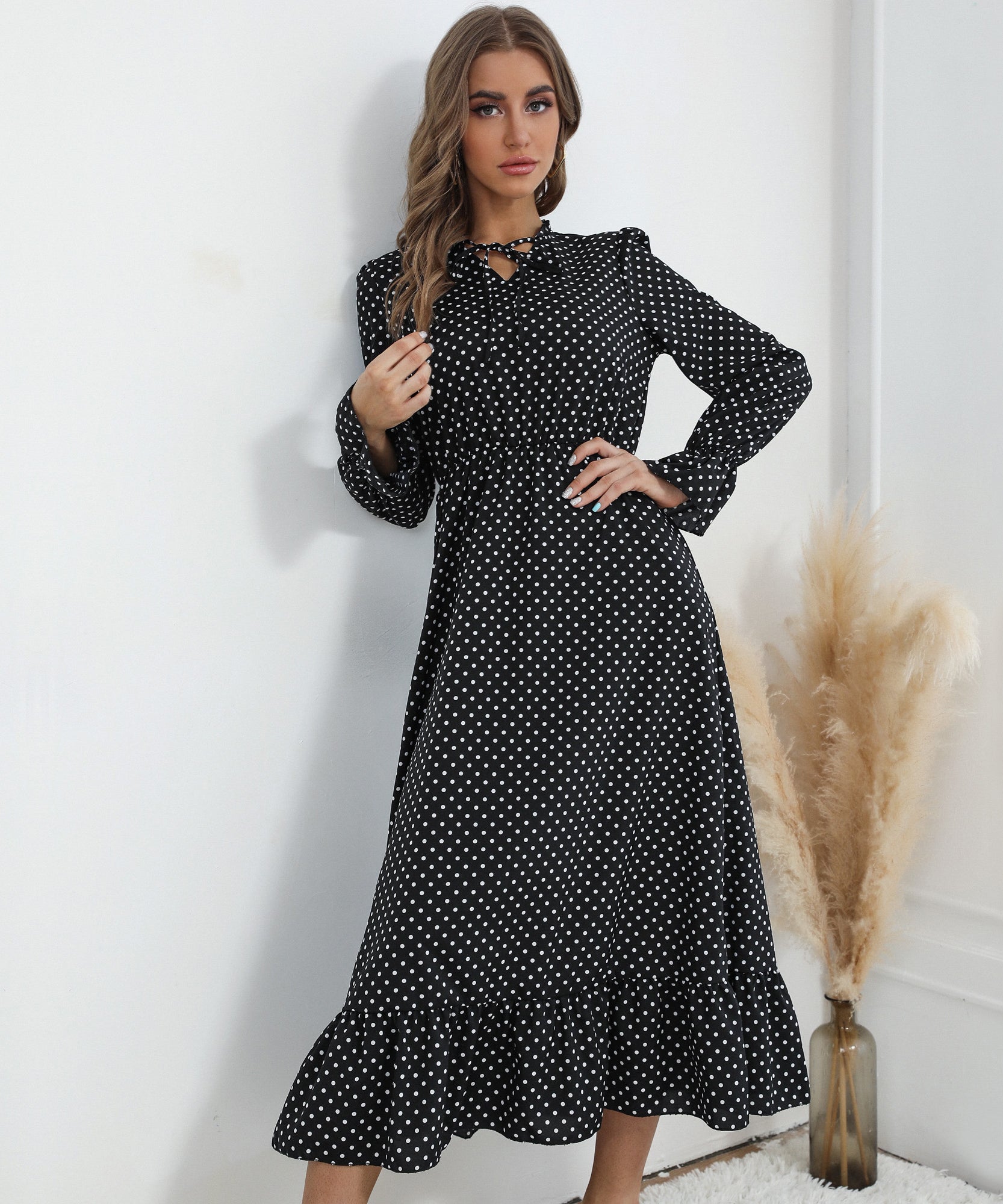 Black White Polka Dot Midi Dress