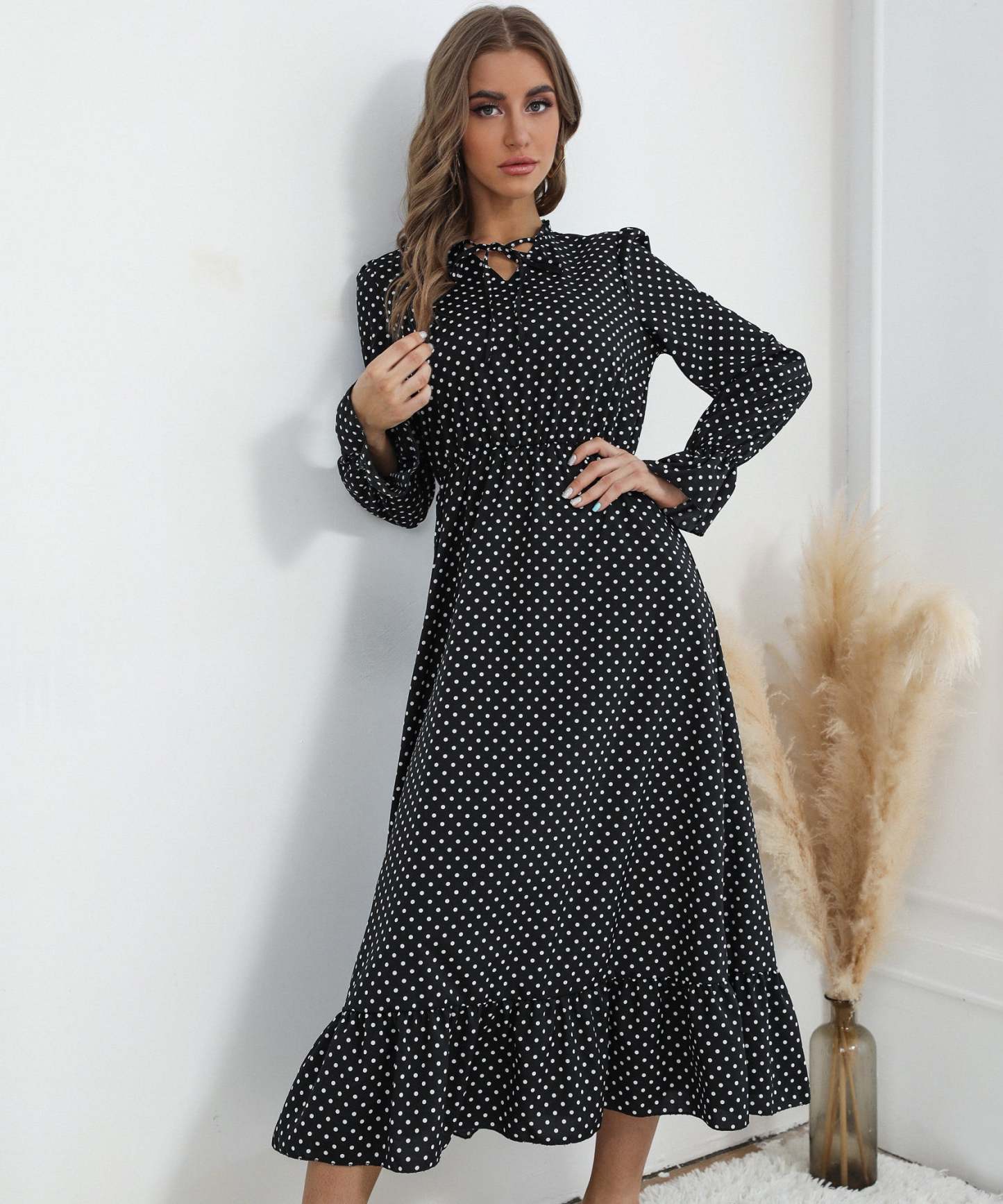 Black White Polka Dot Midi Dress