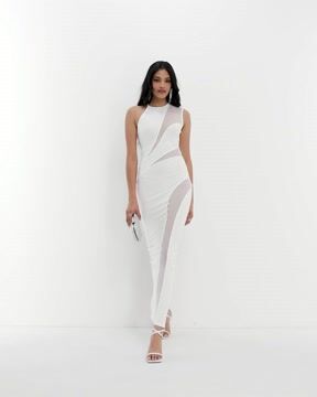 Asymmetric Contour Mesh Maxi Dress