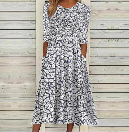 Stylish 3/4 Sleeve Print Midi Dress