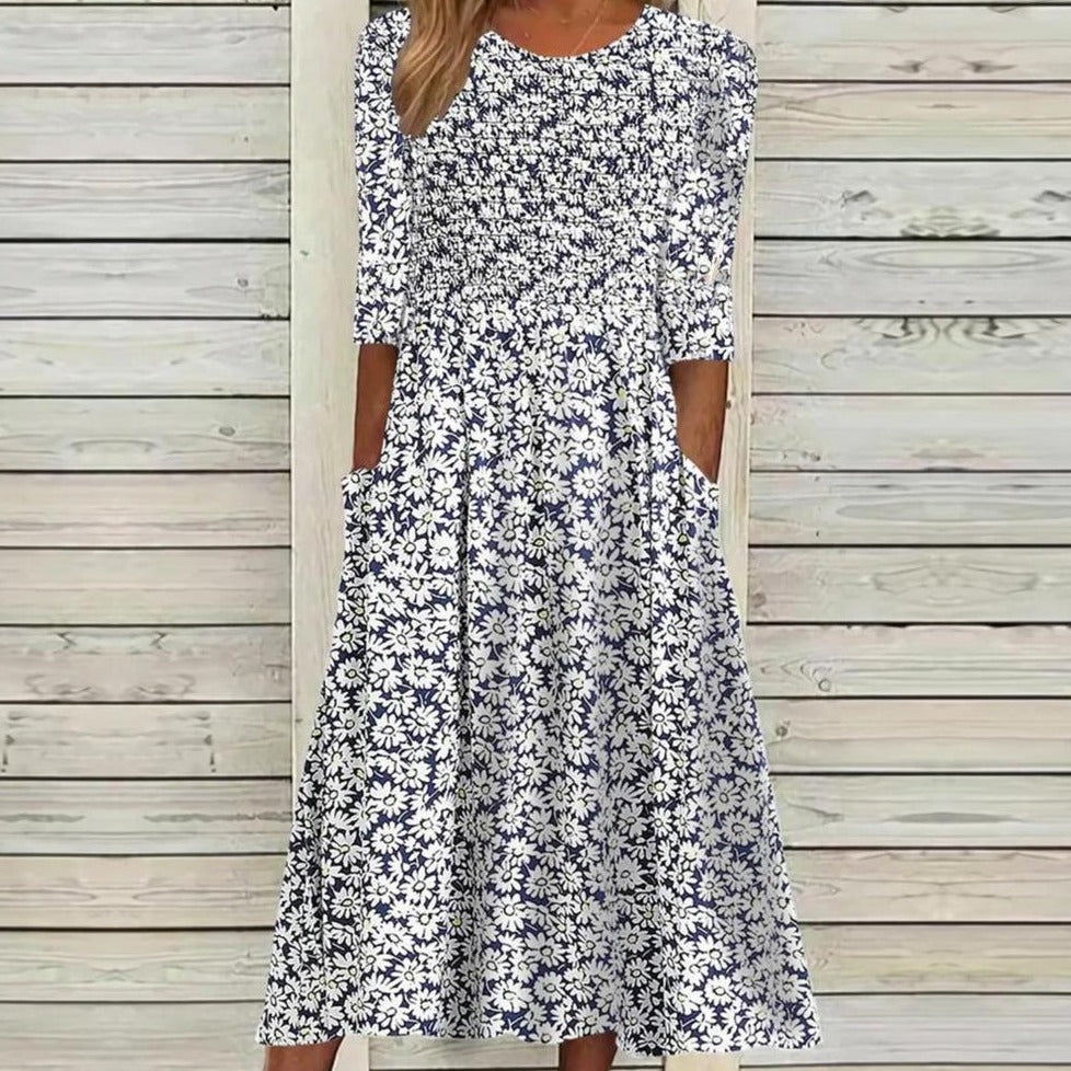 Stylish 3/4 Sleeve Print Midi Dress