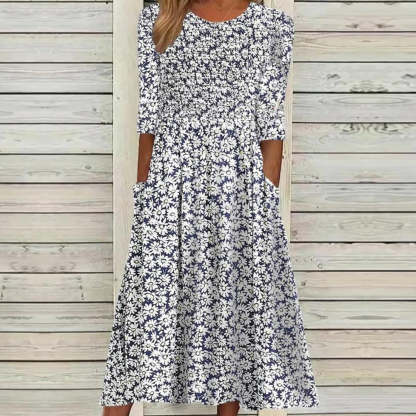 Stylish 3/4 Sleeve Print Midi Dress