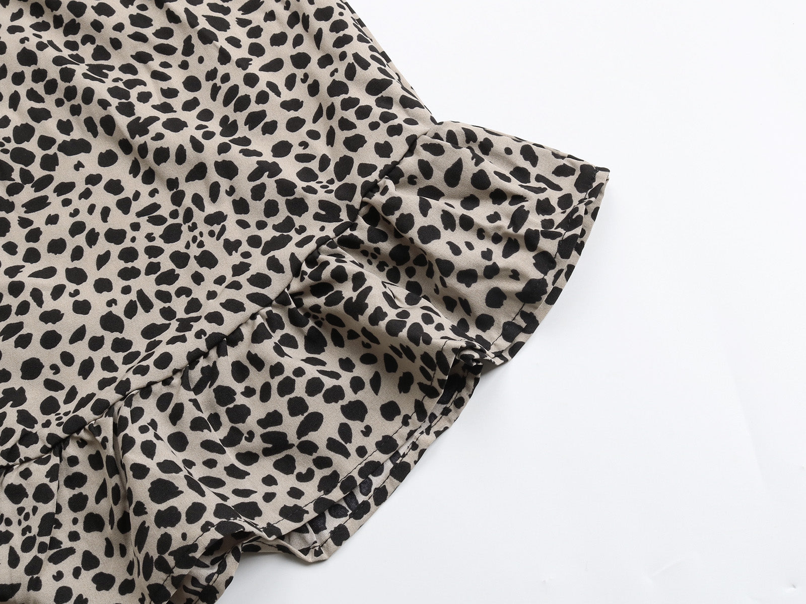 Dalmatian Print Ruffle Hem Tie Cuff Bishop Sleeve Belted Mini Dress