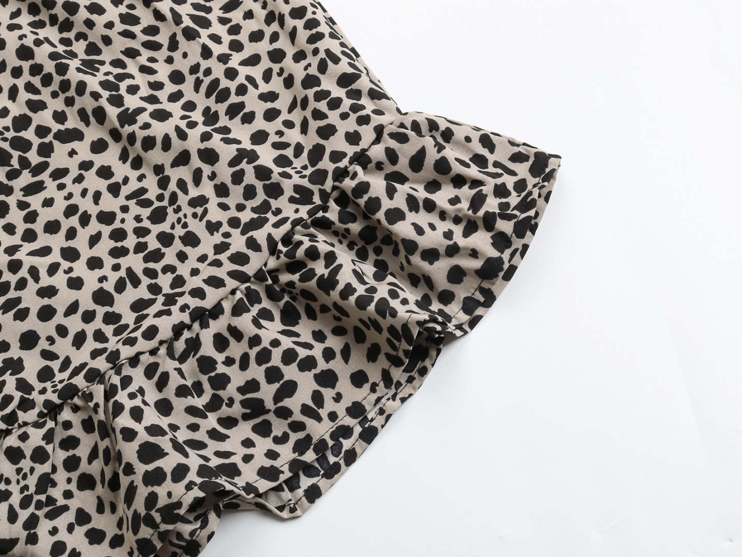 Dalmatian Print Ruffle Hem Tie Cuff Bishop Sleeve Belted Mini Dress