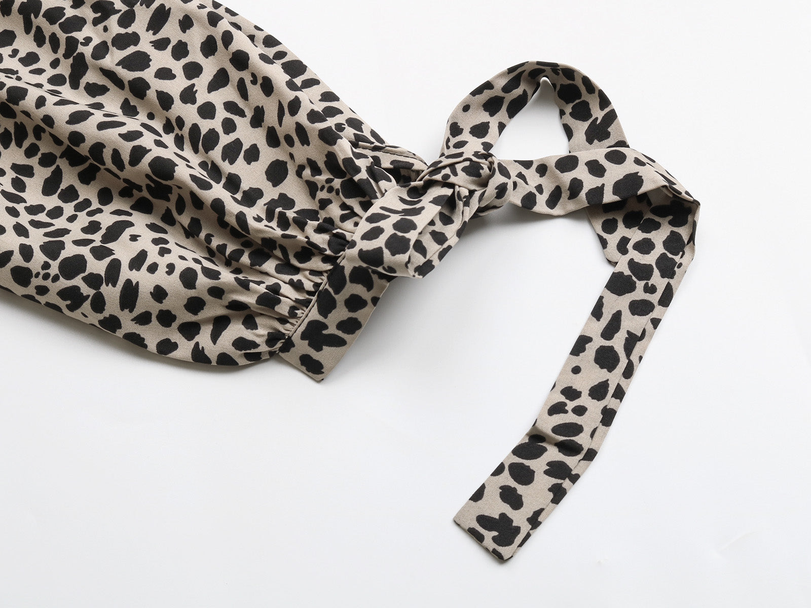 Dalmatian Print Ruffle Hem Tie Cuff Bishop Sleeve Belted Mini Dress