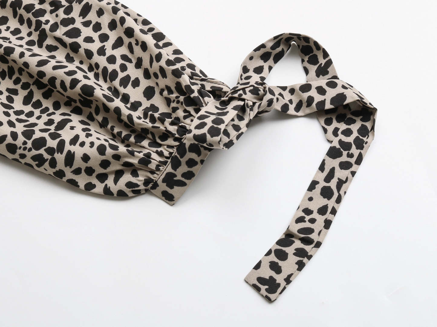 Dalmatian Print Ruffle Hem Tie Cuff Bishop Sleeve Belted Mini Dress