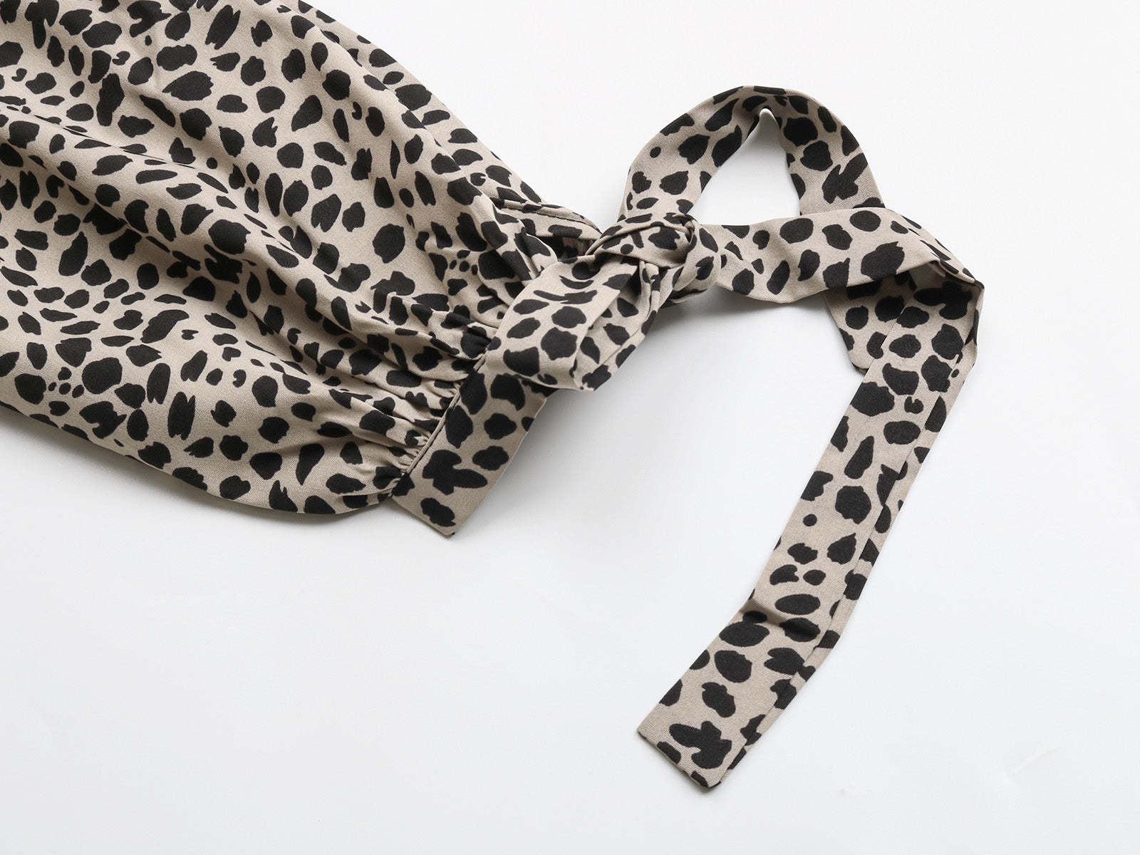 Dalmatian Print Ruffle Hem Tie Cuff Bishop Sleeve Belted Mini Dress