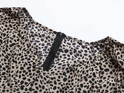 Dalmatian Print Ruffle Hem Tie Cuff Bishop Sleeve Belted Mini Dress