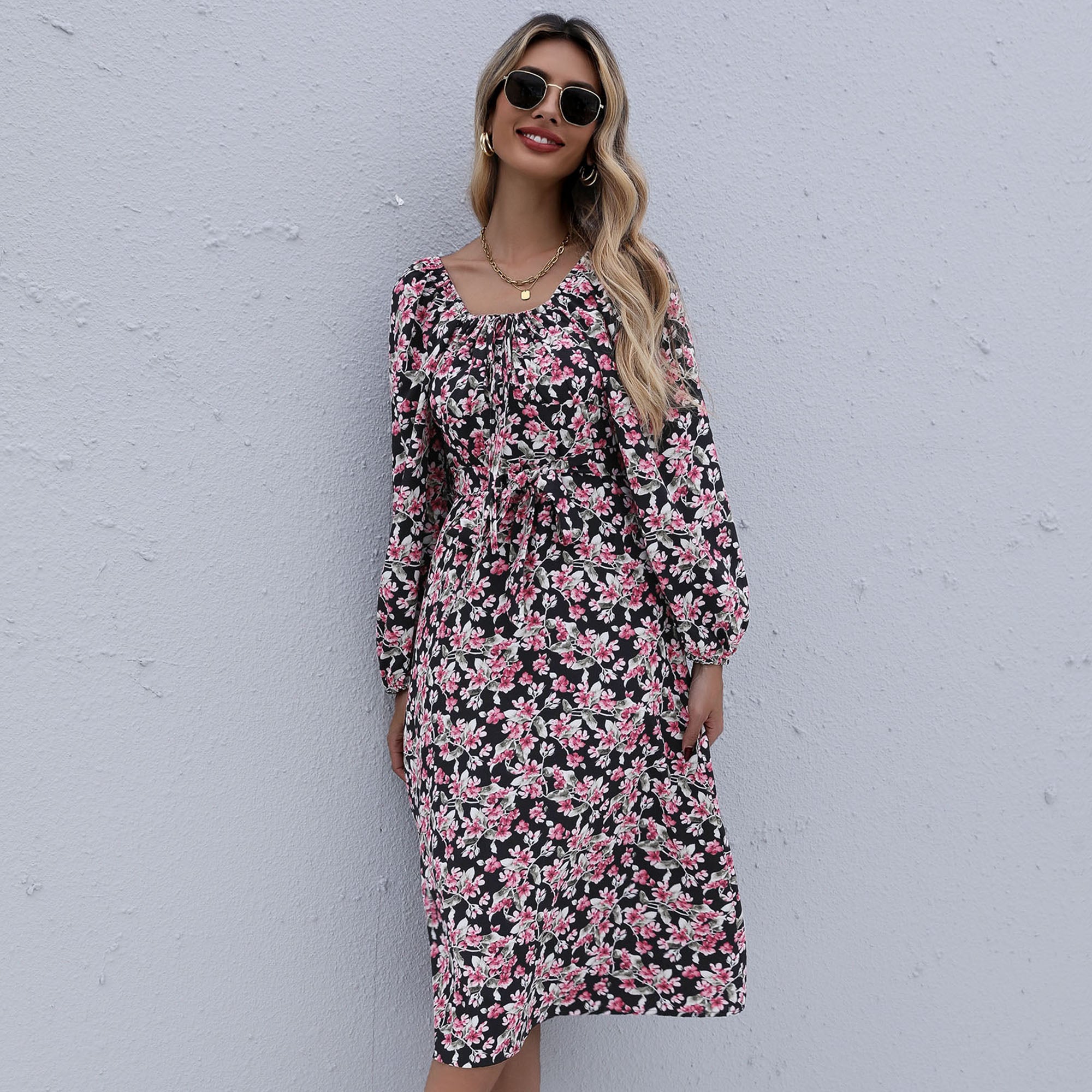 Floral Print Boho Ruffles Pleated Midi Dresses