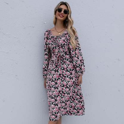 Floral Print Boho Ruffles Pleated Midi Dresses