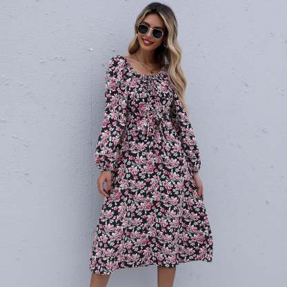 Floral Print Boho Ruffles Pleated Midi Dresses
