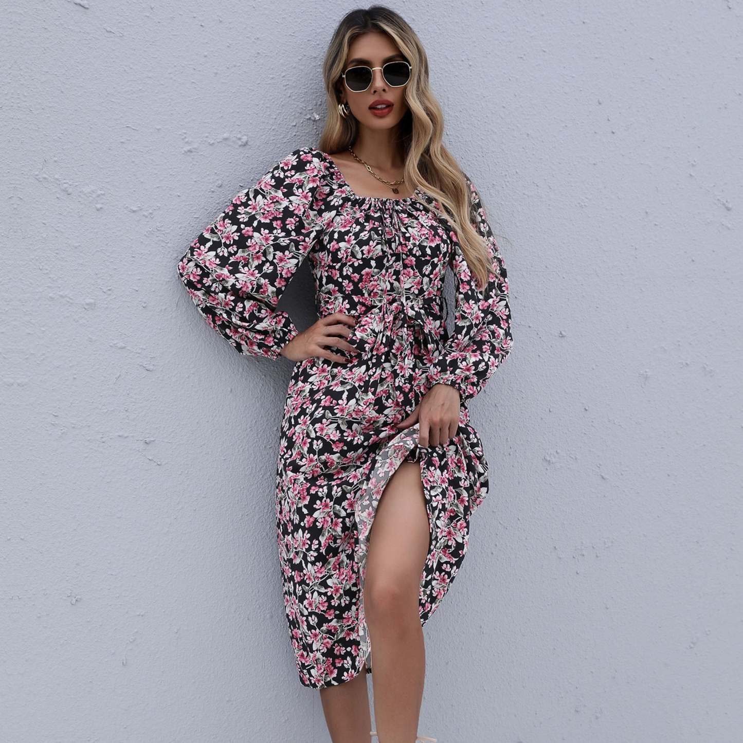 Floral Print Boho Ruffles Pleated Midi Dresses