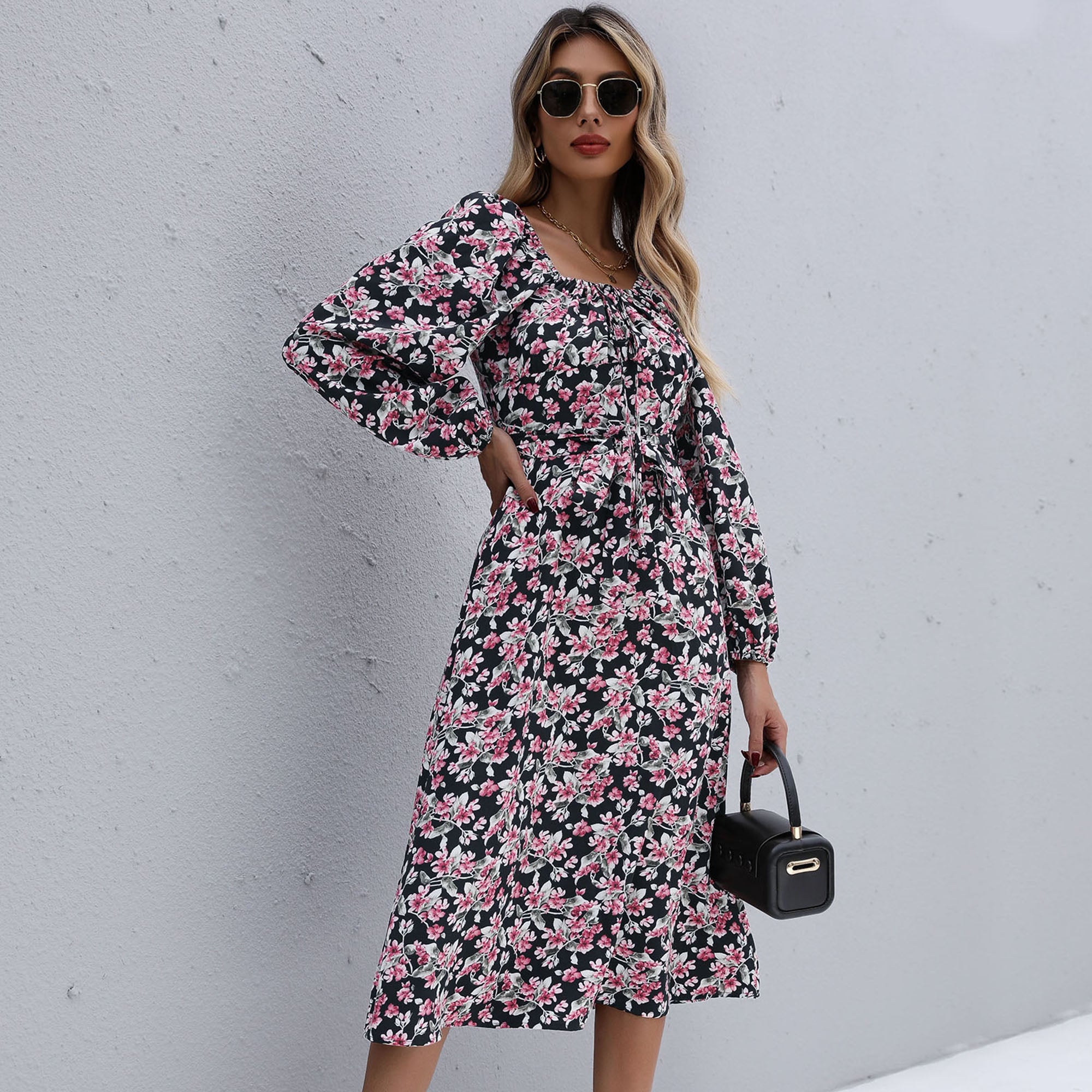 Floral Print Boho Ruffles Pleated Midi Dresses